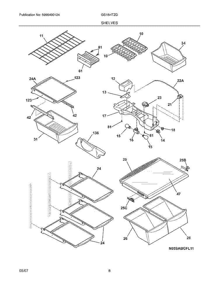 SHELVES Diagram and Parts List for GS18HTZDBD  Frigidaire Refrigerator
