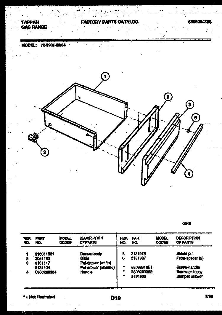 DRAWER PARTS Diagram and Parts List for 72-3981-23-04  Tappan Range