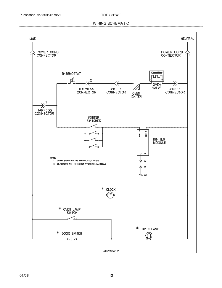WIRING SCHEMATIC Diagram and Parts List for TGF303BWE  Tappan Range
