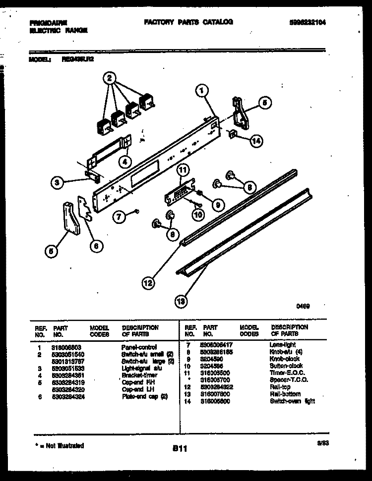 CONTROL PANEL Diagram and Parts List for REG435LRW2  Frigidaire Range