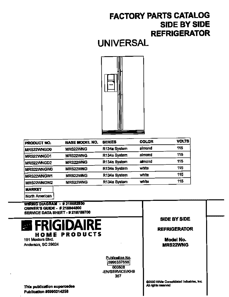 COVER Diagram and Parts List for MRS22WNGD0  Frigidaire Refrigerator