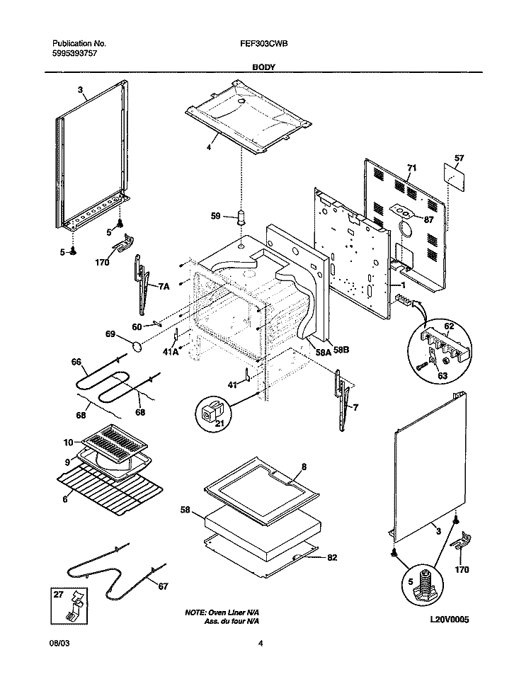 BODY Diagram and Parts List for FEF303CWB  Frigidaire Range