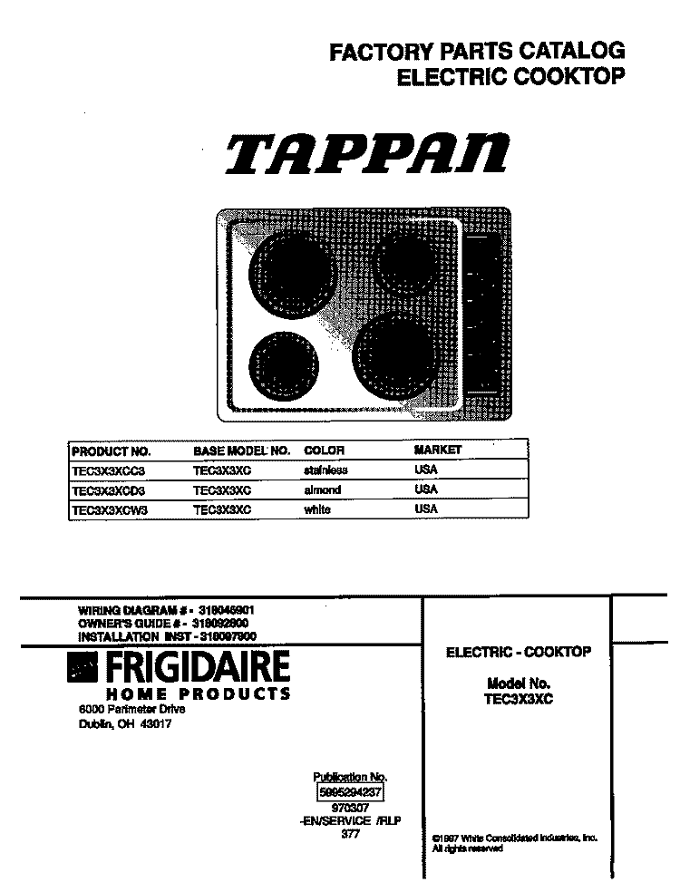 COVER Diagram and Parts List for TEC3X3XCD3  Tappan Cooktop