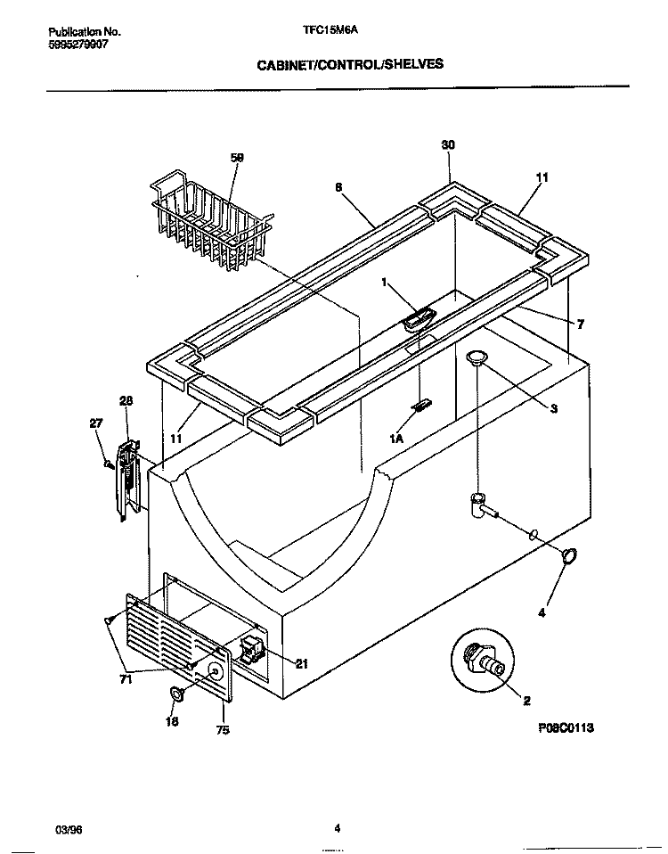 CABINET / CONTROL / SHELVES Diagram and Parts List for TFC15M6AW4  Tappan Freezer