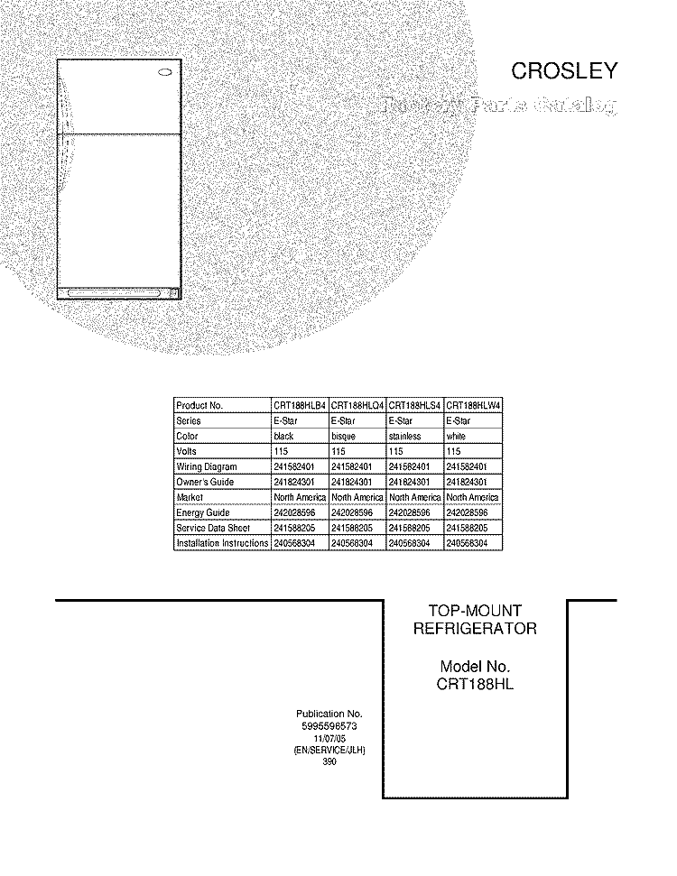 COVER Diagram and Parts List for CRT188HLB4  Crosley Refrigerator