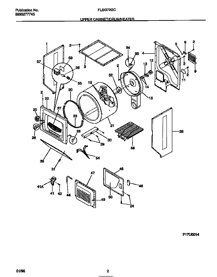 UPPER CABINET / DRUM / HEATER Diagram and Parts List for FLSG72GCS2  Frigidaire Washer Dryer Combo