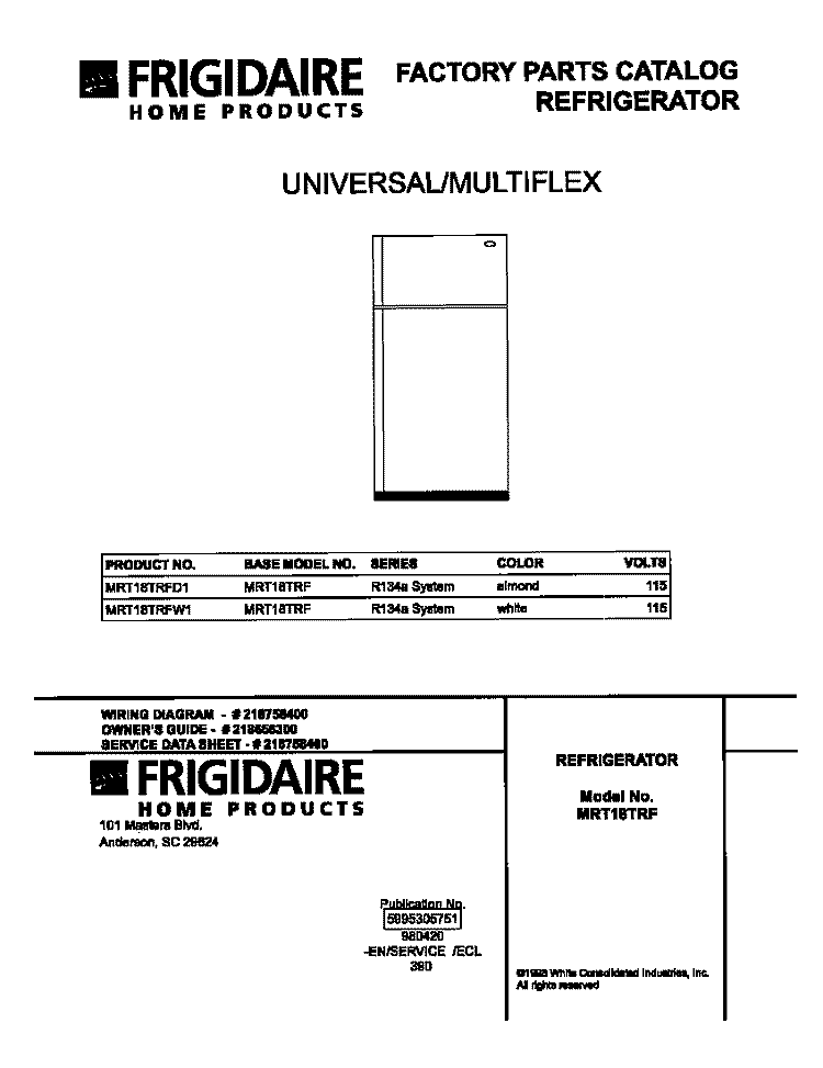 COVER Diagram and Parts List for MRT18TRFD1  Frigidaire Refrigerator