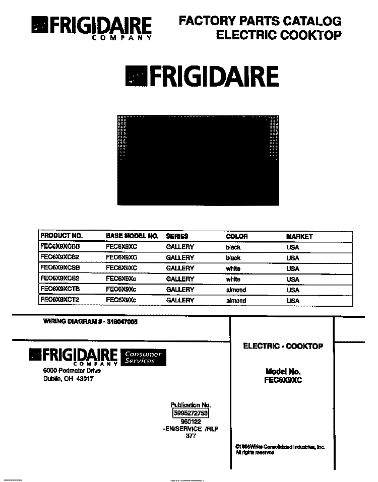 COVER Diagram and Parts List for FEC6X9XCT2  Frigidaire Cooktop