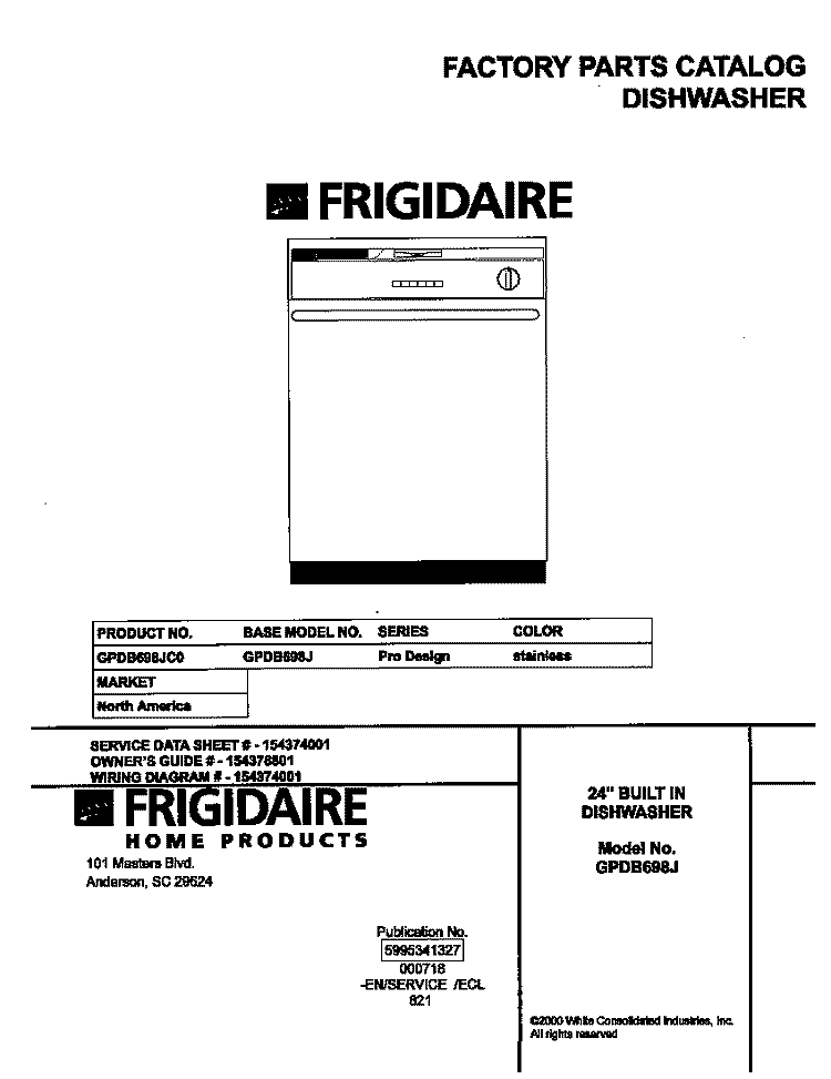 COVER Diagram and Parts List for GPDB698JC0  Frigidaire Dishwasher