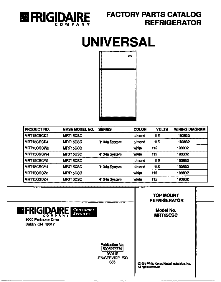 COVER Diagram and Parts List for MRT15CSCD2  Gibson Refrigerator