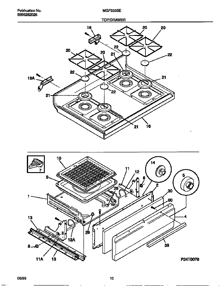 TOP / DRAWER Diagram and Parts List for MGF333SEDB  Frigidaire Range