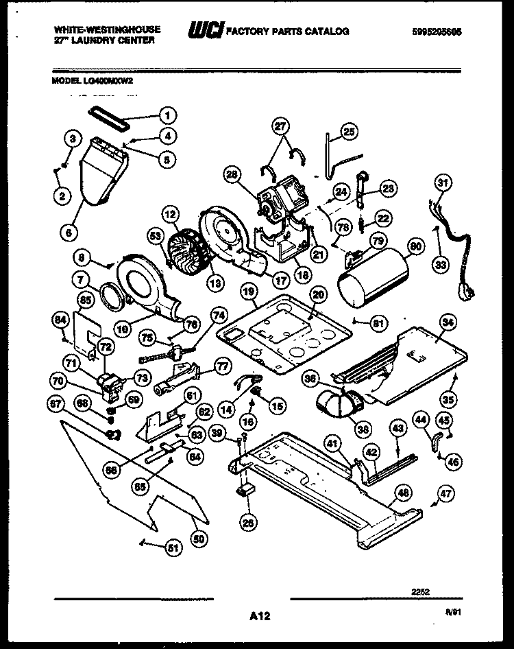 MOTOR, BLOWER AND CABINET PARTS Diagram and Parts List for LG400MXW2  Frigidaire Washer Dryer Combo