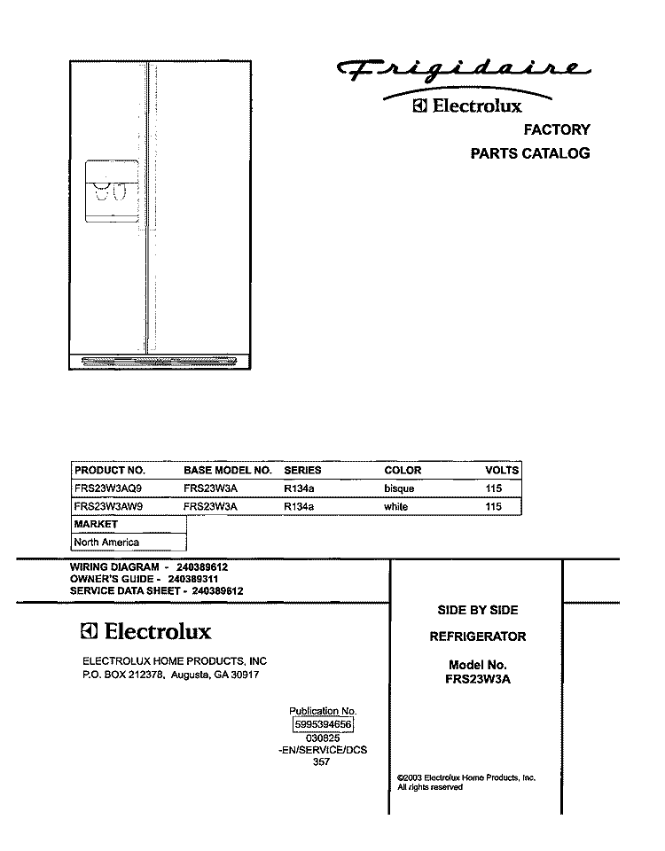 COVER Diagram and Parts List for FRS23W3AW9  Frigidaire Refrigerator