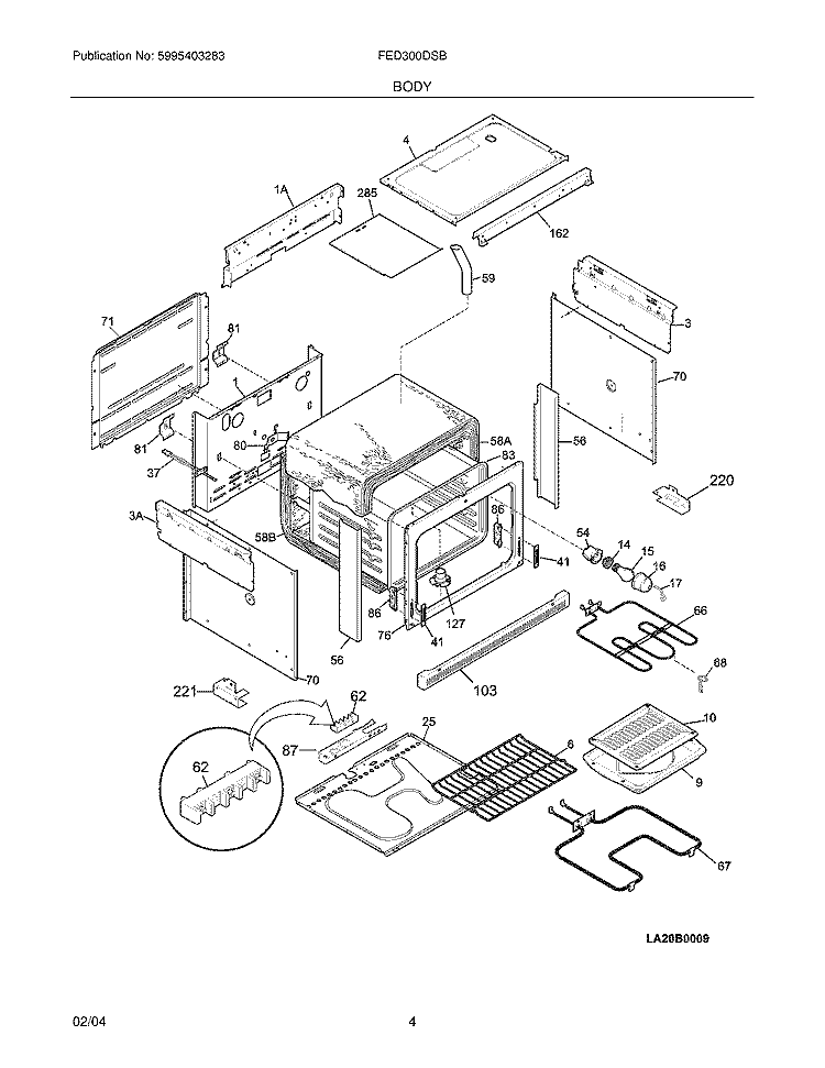 BODY Diagram and Parts List for FED300DSB  Frigidaire Range