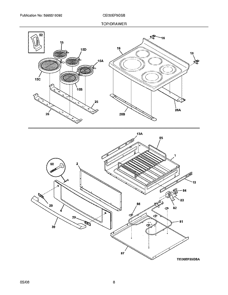 TOP/DRAWER Diagram and Parts List for CEI30EF5GSB  Electrolux Range