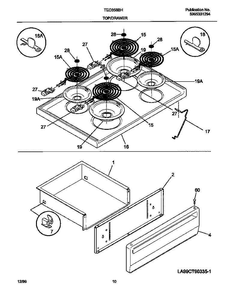TOP / DRAWER Diagram and Parts List for TEO356BHD1  Tappan Range