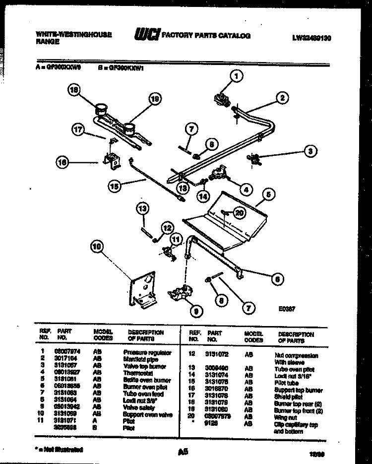 BURNER, MANIFOLD AND GAS CONTROL Diagram and Parts List for GF300KXW1  Frigidaire Range