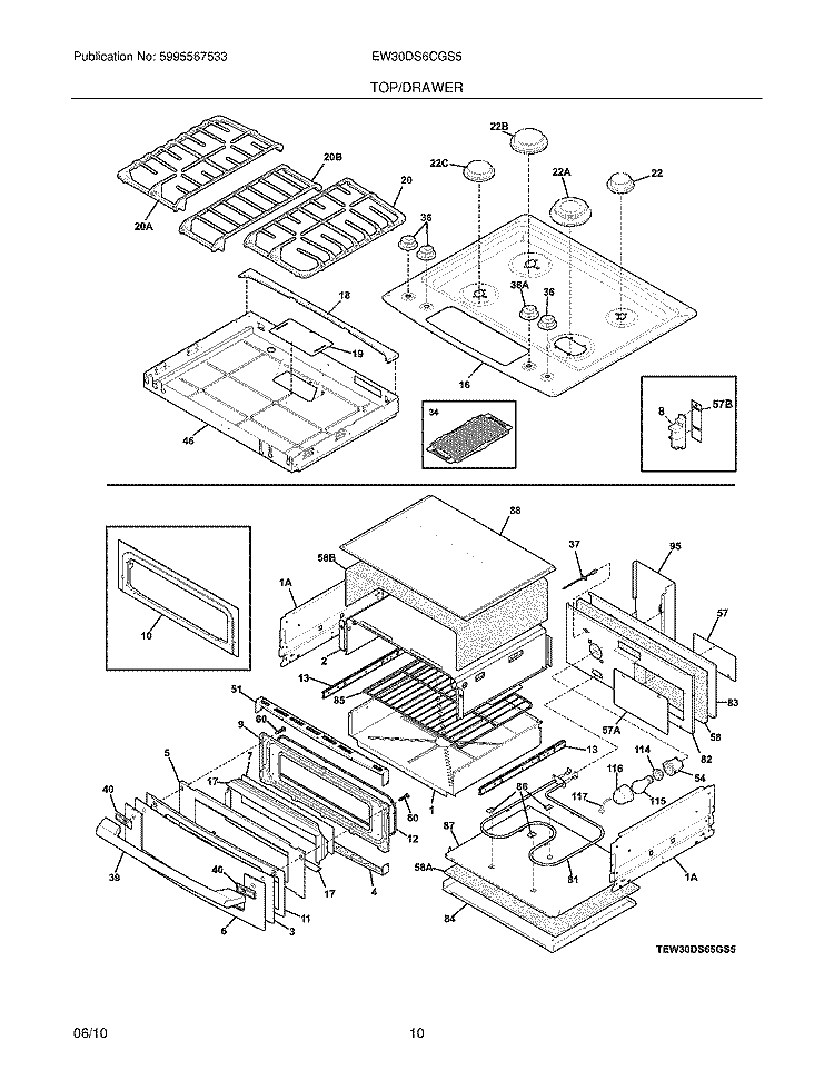 TOP/DRAWER Diagram and Parts List for EW30DS6CGS5  Electrolux Range
