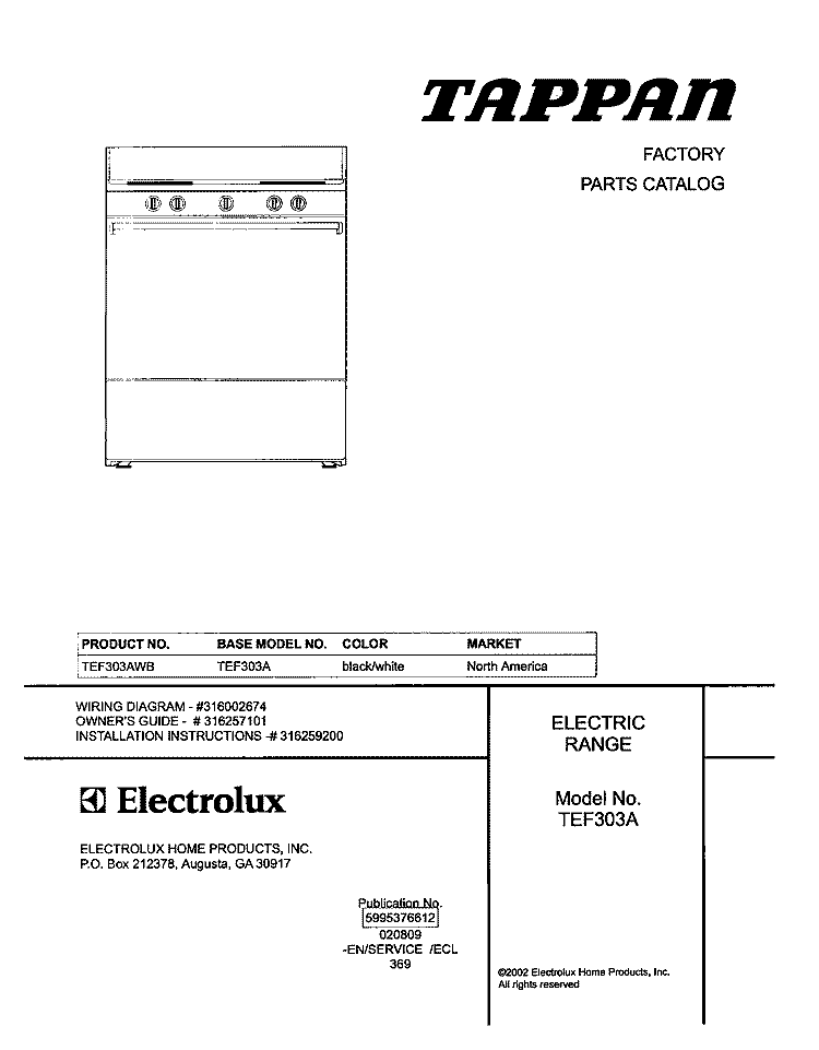 COVER Diagram and Parts List for TEF303AWB  Tappan Range