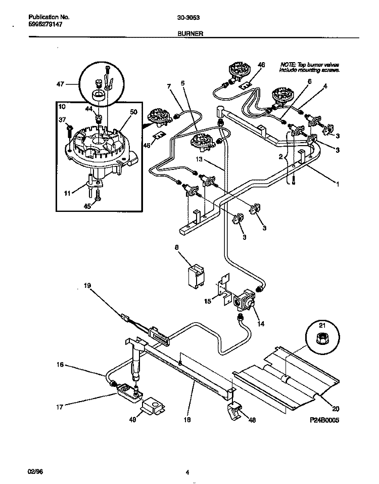 BURNER Diagram and Parts List for 30-3053-00-04  Tappan Range