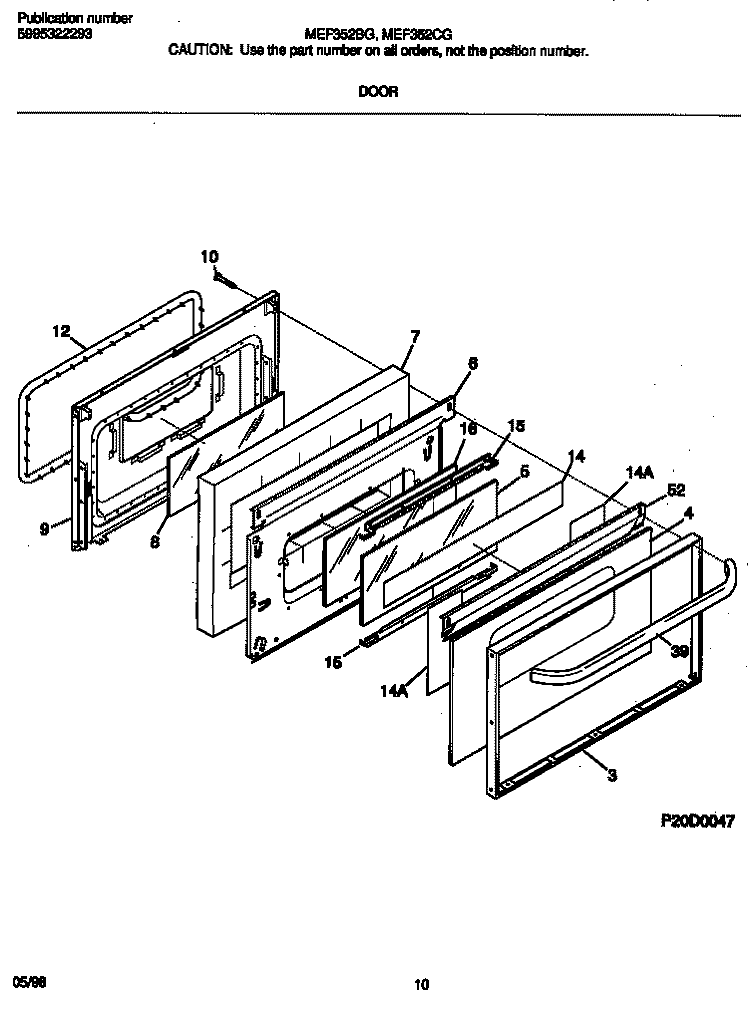 DOOR Diagram and Parts List for MEF352BGWD  Frigidaire Range