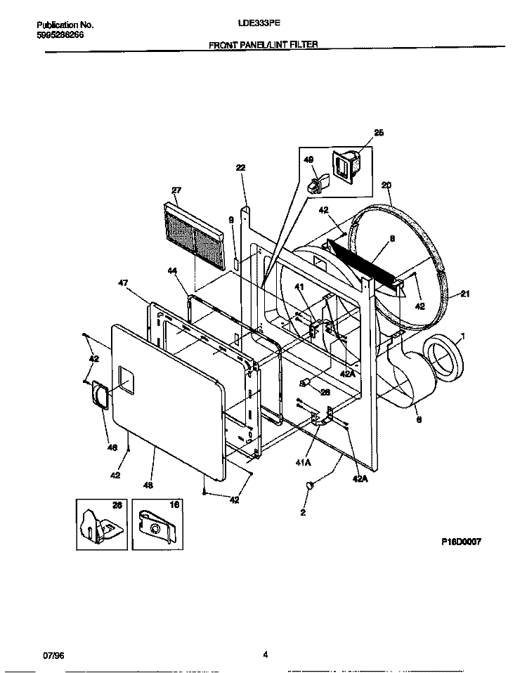FRONT PANEL / LINT FILTER Diagram and Parts List for LDE333PEW0  Frigidaire Dryer