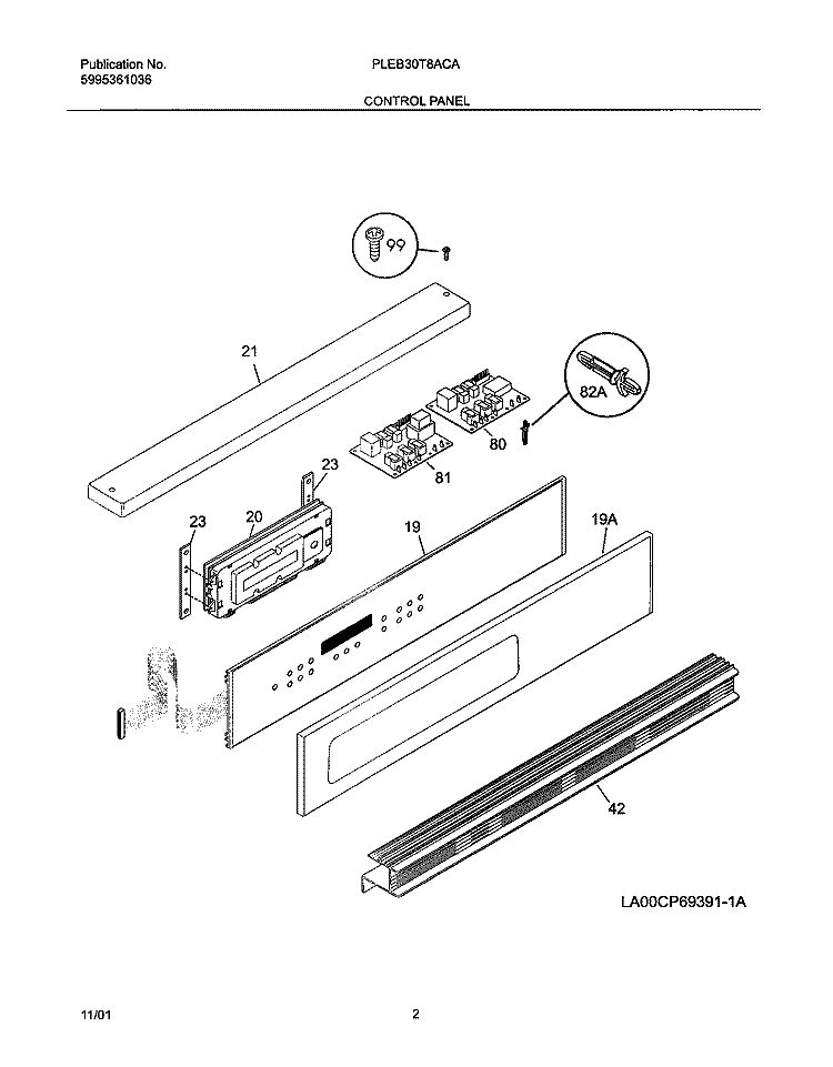 CONTROL PANEL Diagram and Parts List for PLEB30T8ACA  Frigidaire Wall Oven