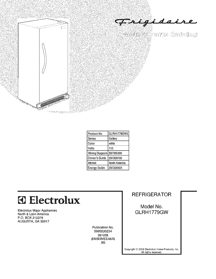 COVER Diagram and Parts List for GLRH1779GW3  Frigidaire Refrigerator