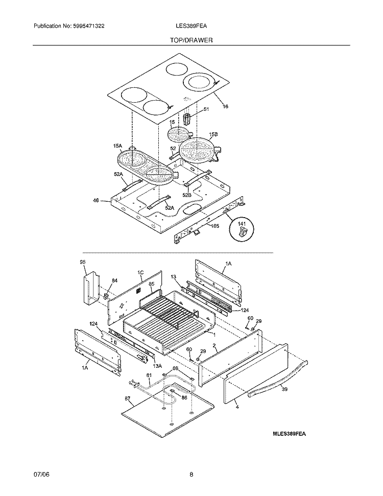 TOP / DRAWER Diagram and Parts List for LES389FEA  Frigidaire Range