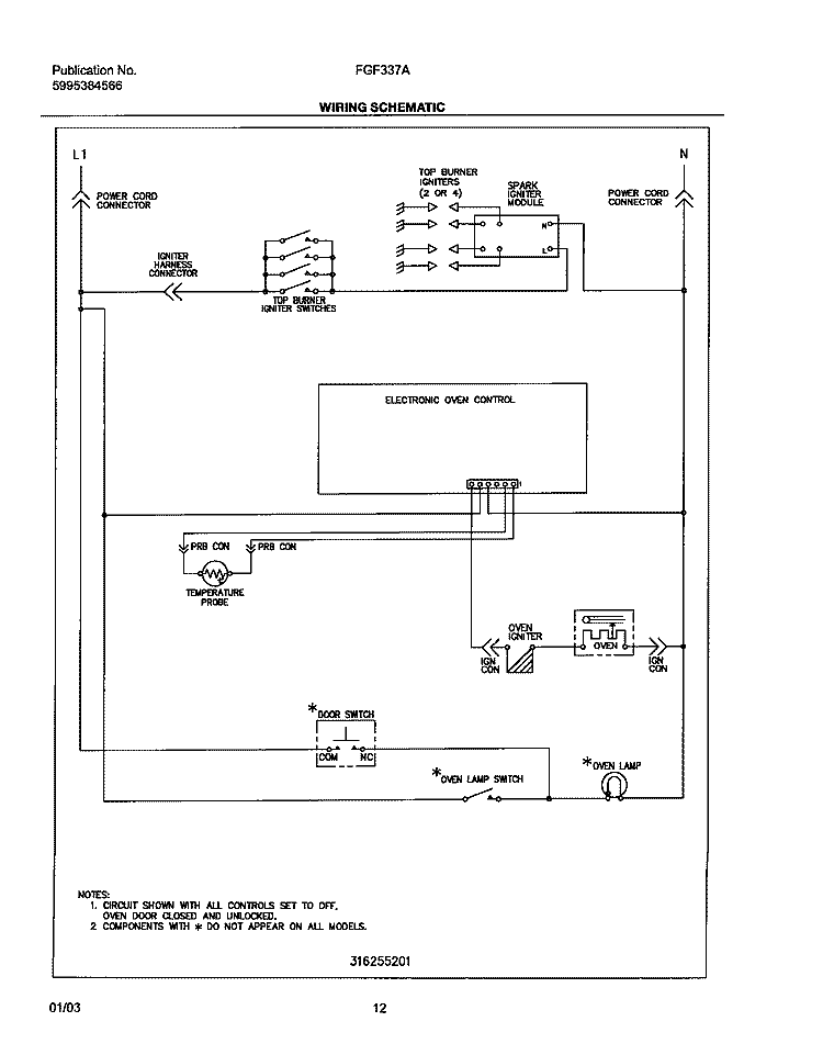 WIRING SCHEMATIC Diagram and Parts List for FGF337AUD  Frigidaire Range