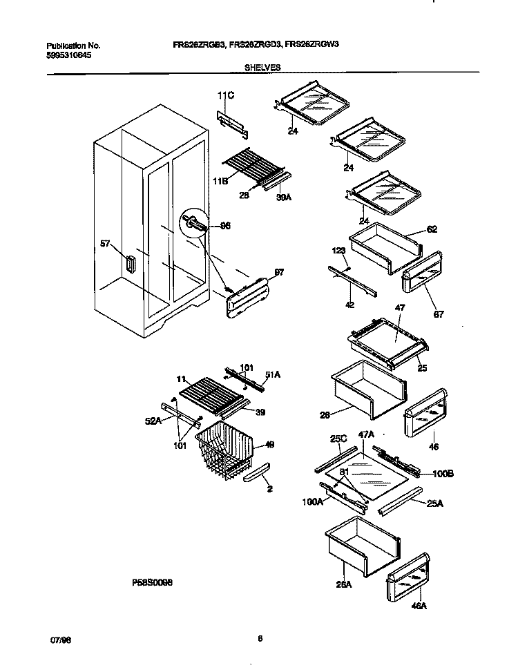 SHELVES Diagram and Parts List for FRS26ZRGW3  Frigidaire Refrigerator