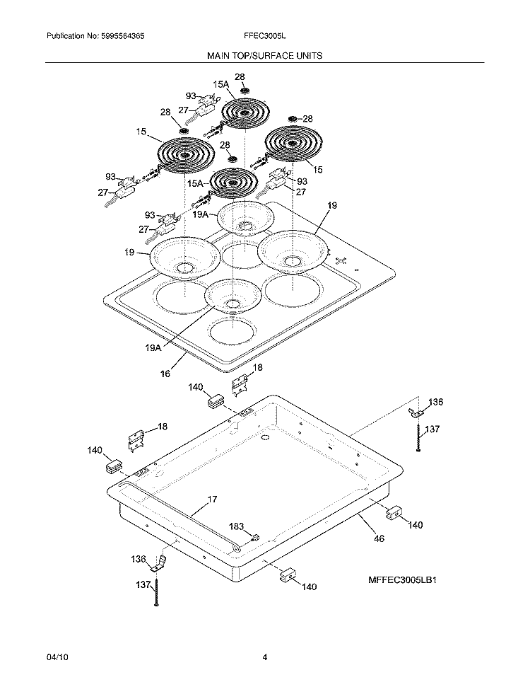 MAINTOP/SURFACE UNITS Diagram and Parts List for FFEC3005LS1  Frigidaire Cooktop