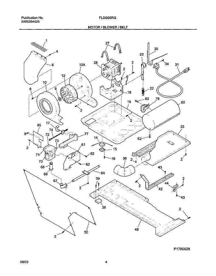MOTOR / BLOWER / BELT Diagram and Parts List for FLSG60RGS2  Frigidaire Washer Dryer Combo
