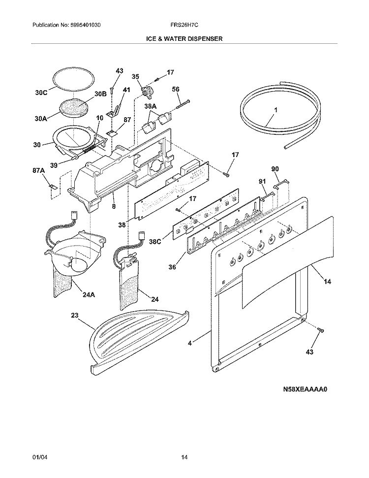 ICE & WATER DISPENSER Diagram and Parts List for FRS26H7CQ3  Frigidaire Refrigerator