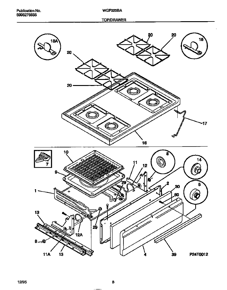 TOP / DRAWER Diagram and Parts List for WGF323BAWD  Frigidaire Range