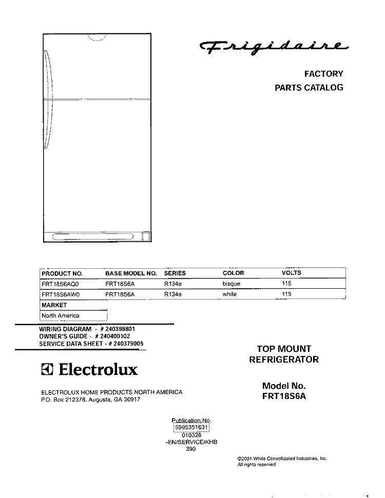 COVER Diagram and Parts List for FRT18S6AW0  Frigidaire Refrigerator