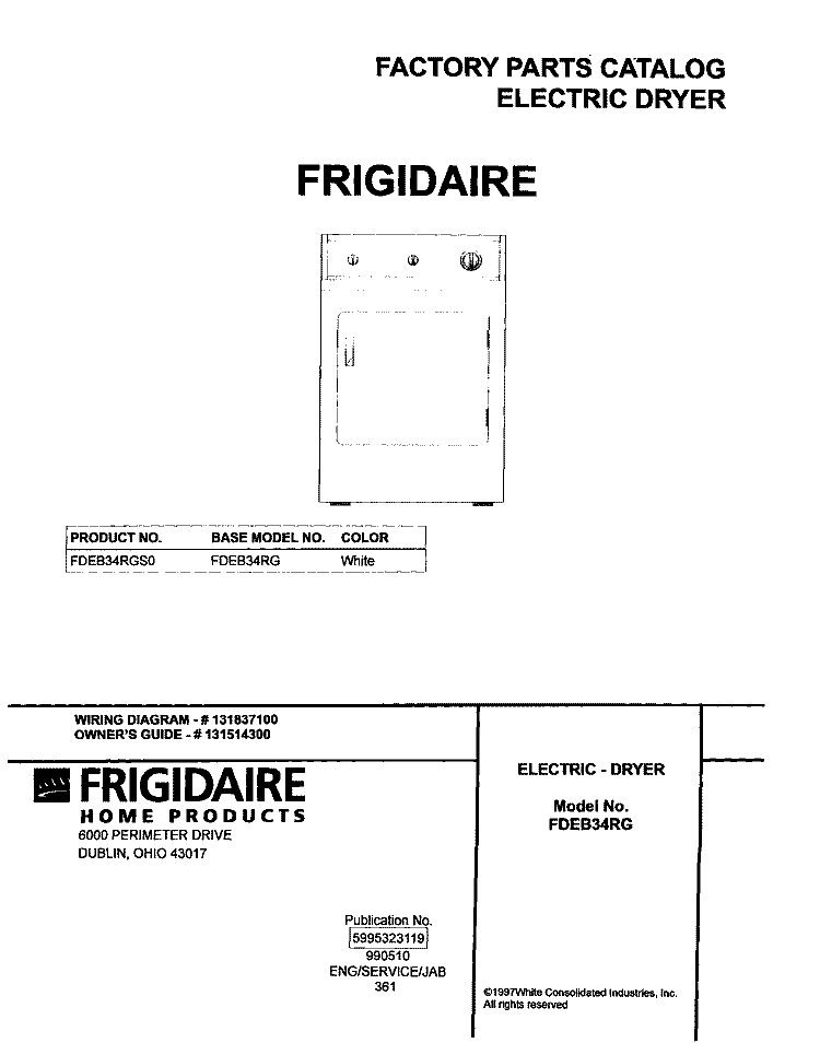COVER Diagram and Parts List for FDEB34RGS0  Frigidaire Dryer