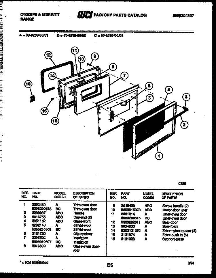 DOOR PARTS Diagram and Parts List for 30-6239-00-02  Tappan Range