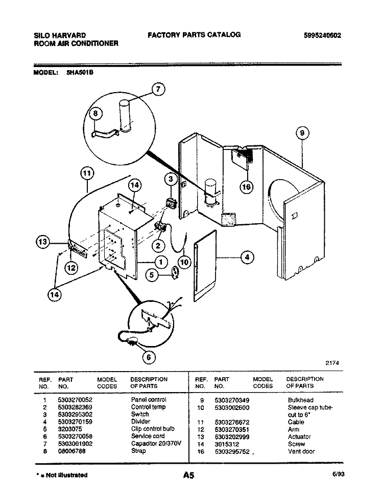 CONTROL PARTS Diagram and Parts List for 5HA501B  Frigidaire Air Conditioner