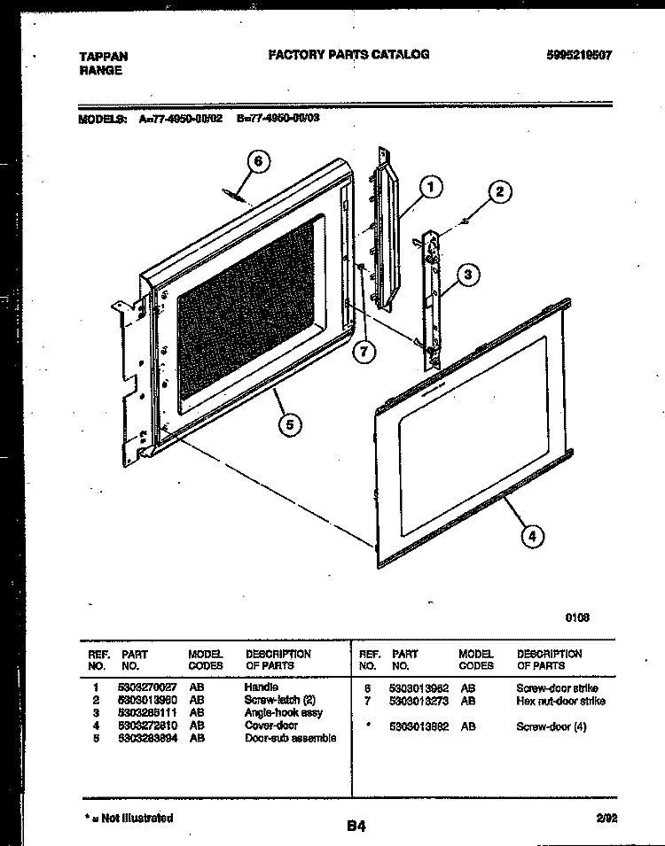 UPPER OVEN DOOR PARTS Diagram and Parts List for 77-4950-00-03  Tappan Range