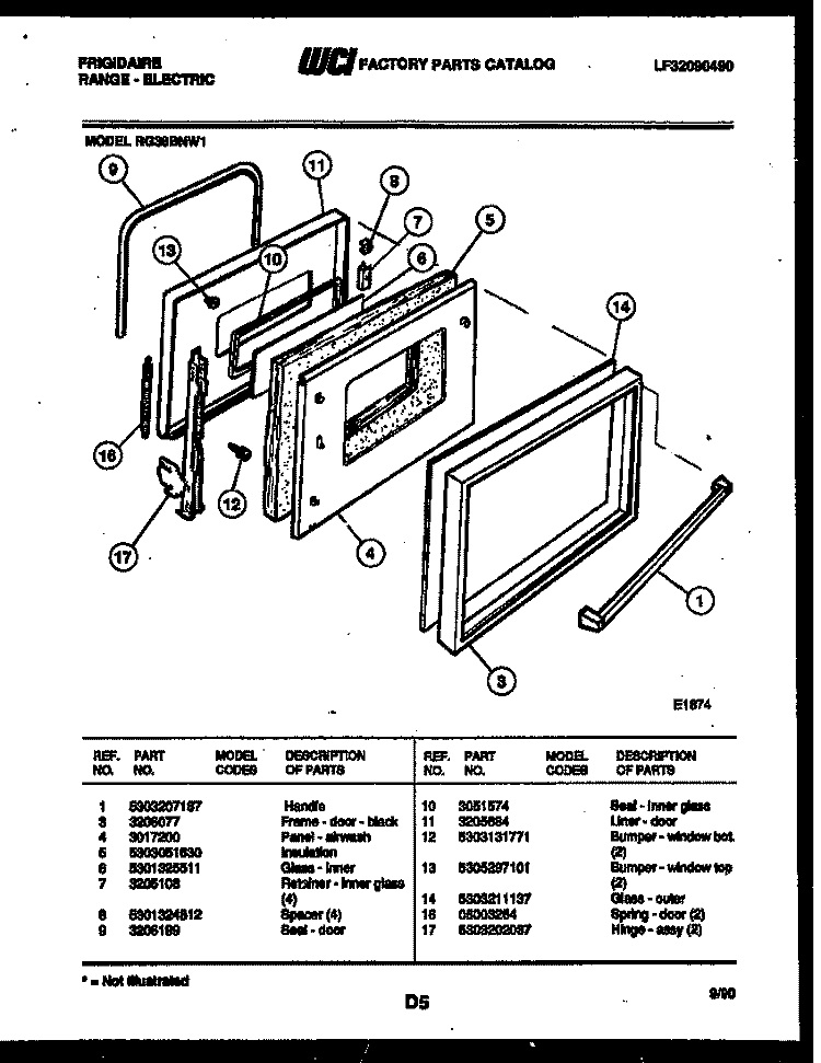 DOOR PARTS Diagram and Parts List for RG36BNW1  Frigidaire Range