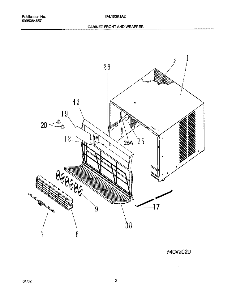 CABINET FRONT AND WRAPPER Diagram and Parts List for FAL103K1A2  Frigidaire Air Conditioner
