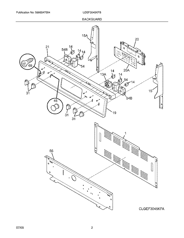 BACKGUARD Diagram and Parts List for LGEF3045KFB  Frigidaire Range