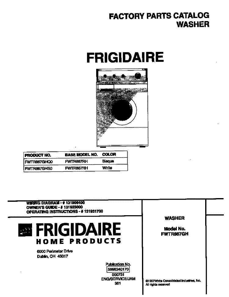 COVER Diagram and Parts List for FWTR867GHQ0  Frigidaire Washer