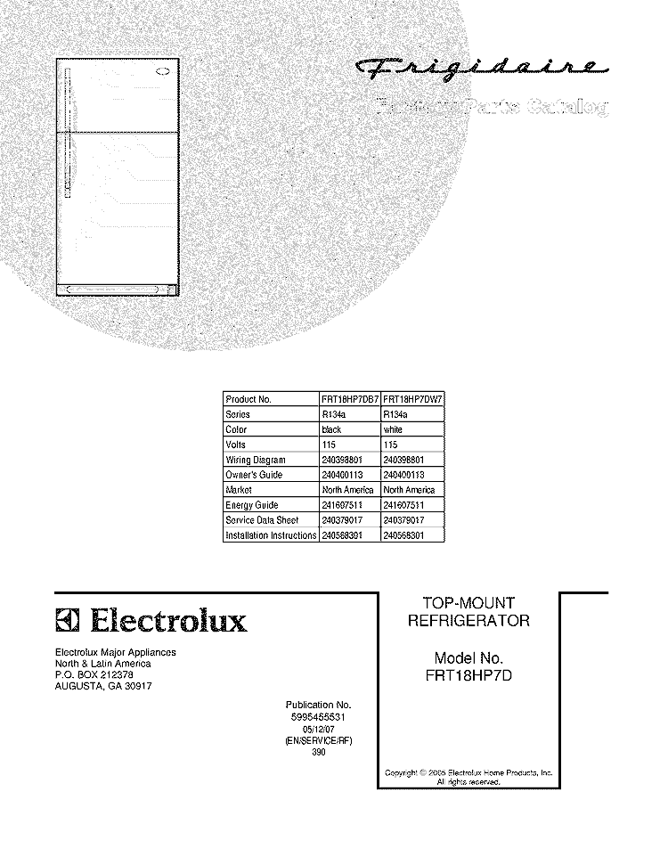 COVER Diagram and Parts List for FRT18HP7DB7  Frigidaire Refrigerator