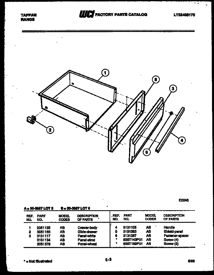 DRAWER PARTS Diagram and Parts List for 30-3857-00-06  Tappan Range
