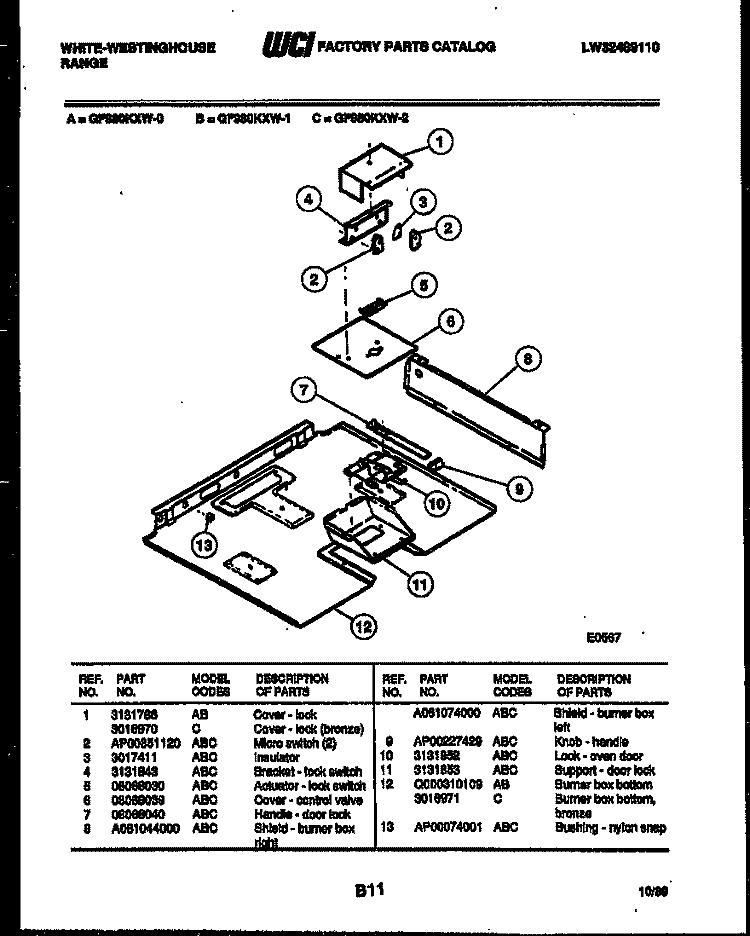 BURNER BOX PARTS Diagram and Parts List for GF980KXW0  Frigidaire Range