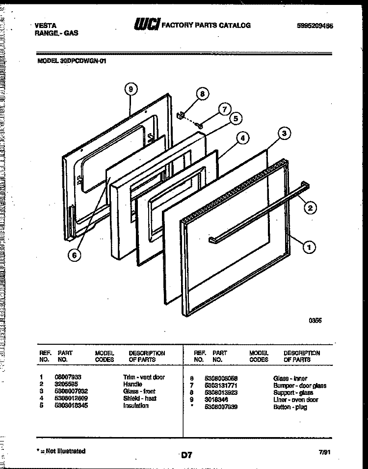 DOOR PARTS Diagram and Parts List for 30DPCDWGN-23-01  Tappan Range