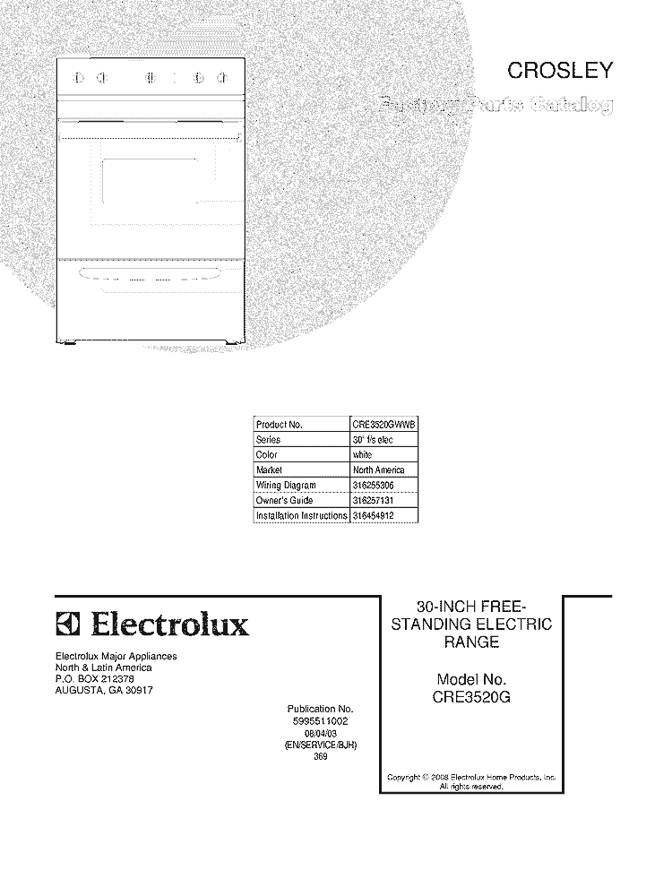 COVER Diagram and Parts List for CRE3520GWWB  Crosley Range