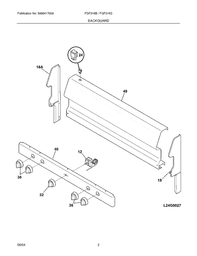 BACKGUARD Diagram and Parts List for FGF316BSE  Frigidaire Range